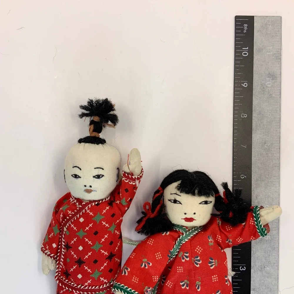 Vintage Chinese Folk Art Cloth Dolls Pair Handmade Red Traditional Dress 7 inch